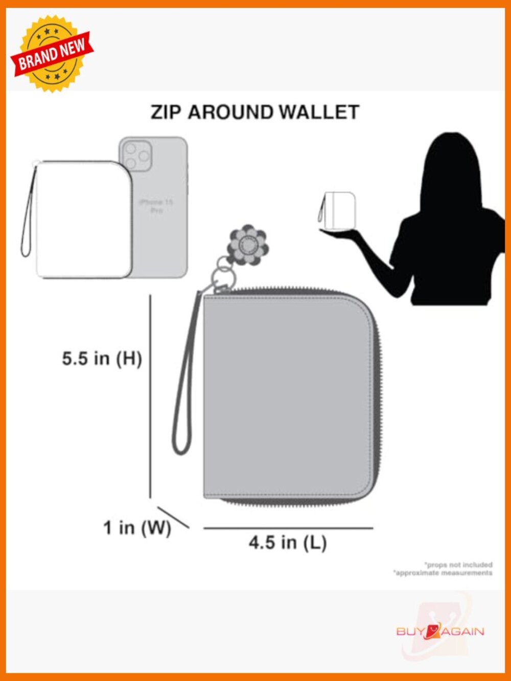 Zip Around Wallet with Wristlet - 8 Card Slots, Faux Leather, Compact - Picture 5 of 5